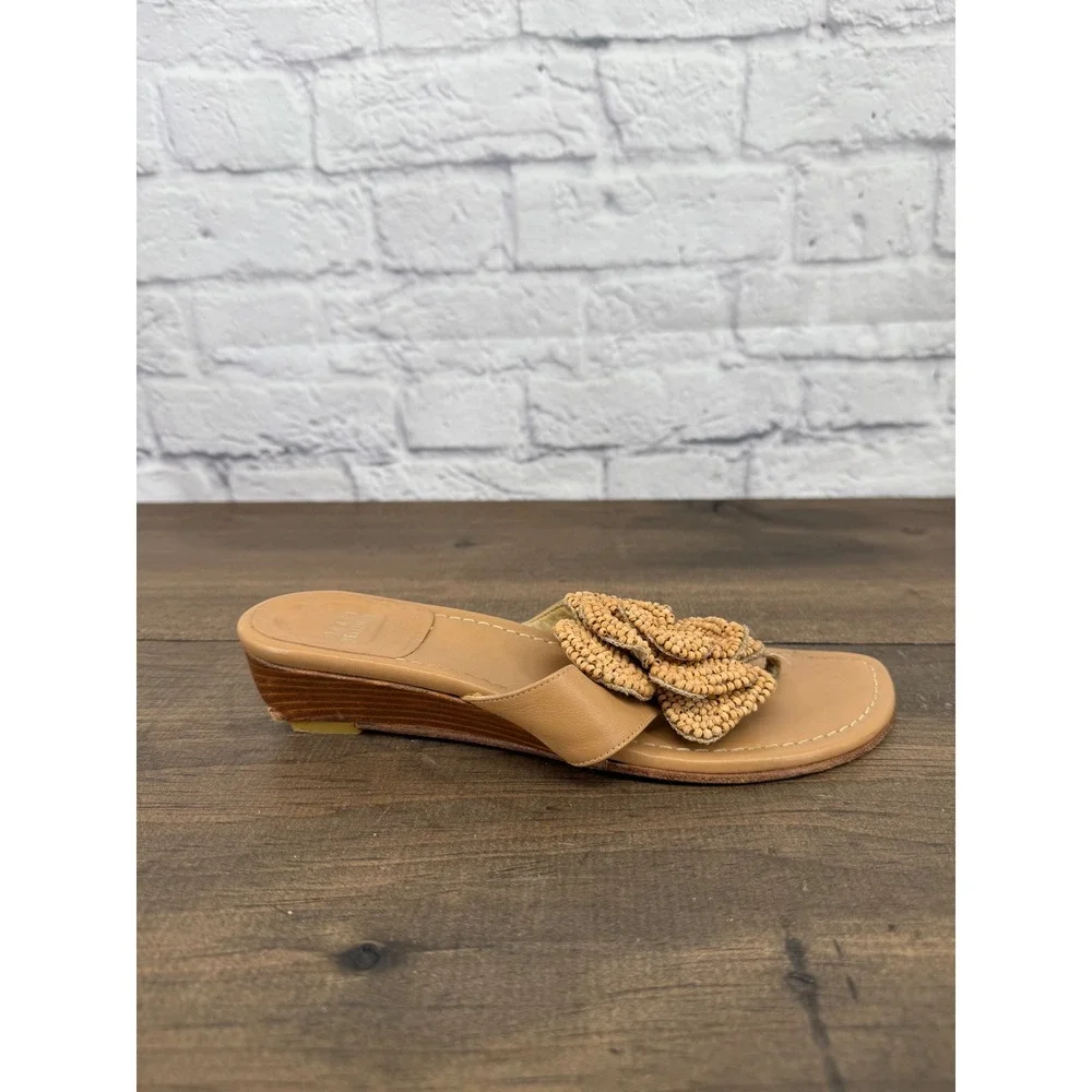 Stuart Weitzman Beaded Flower Thong Wedge Sandals Tan Leather Size 6M